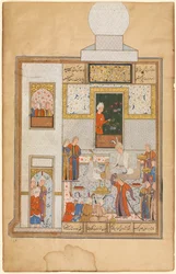 Bahram besøker White Domed Pavilion recto, en del av Khamsa of Nizami, Haft Paykar..., ca. 1560-15