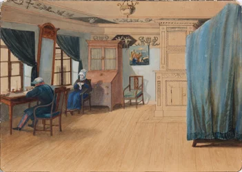 Soverom interiør. Grev Yegor Frantsevich Kankrin 1774-1845 ved skrivebordet hans, 1820-tallet