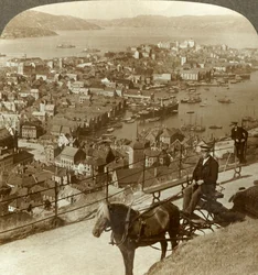Bergen, vest fra Floifjeldet, over havnen til høyre og Puddefjord fjernt, Norge, c1905.