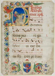 Bifolium utskåret fra en antifonær: Initial D[ominus Iesus], ca. 1425-1450.