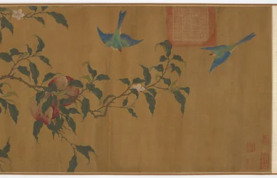 Fugler blant ferskengrener, Qing-dynastiet, 1700-tallet.