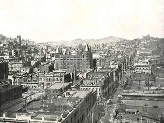 Fugleperspektiv fra tårnet til Chronicle Building, San Francisco, USA, 1895.