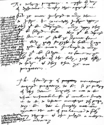 Biskop Latimers argumenter mot den katolske læren om skjærsilden med marginalnotater laget av kong Henry VIII, ca. 1538 (penn og blekk på papir)