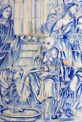 Brasil, Bahia, Salvador: Azulejo i Bonfim kirke: Jesus vasker en disippels honorar