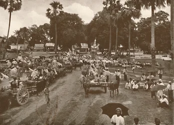 Burmesisk begravelse. - Procession of Carts with Offers, 1900.