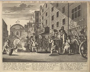 Burning the Rumps at Temple Bar Plate 11: Illustrasjoner til Samuel Butlers Hudibras, 1725-30.