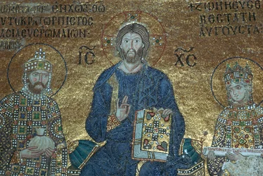 Bysantinsk mosaikk som viser Kristus tronet mellom jordiske herskere, 1100-tallet