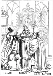 Calvin, Luther og paven kjemper mot hverandre, publisert 1600