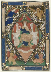 Kanonside fra et missal: Kristus i majestet med evangelister, ca. 1410.