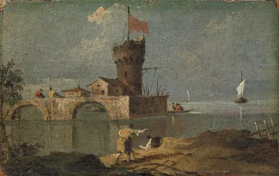 Capriccio med et sirkulært tårn, to hus og en bro, 1700-tallet.