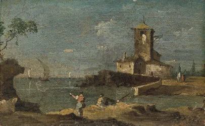 Capriccio med et firkantet tårn og to hus, 1700-tallet.