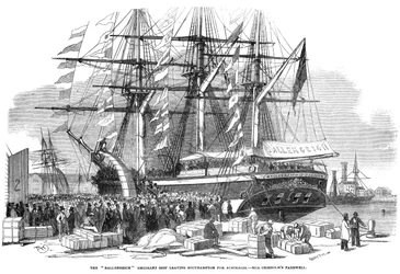 Caroline Chisholm henvendte seg til en folkemengde fra emigrantskipet Ballengeich, 1852