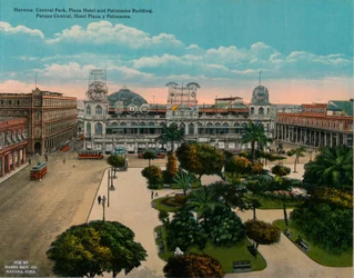 Central Park, Plaza Hotel og Politeama-bygningen, Havana, Cuba, c1920