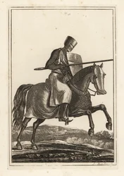 Ladende ridder fra 1100- og 1200-tallet i ringbrynje hauberk, flat hjelm, lanse, varmeskjold, shin armour jamesons, krigssadel