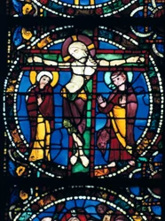 Kristus på korset, farget glass, Chartres katedral, Frankrike, 1194-1260.