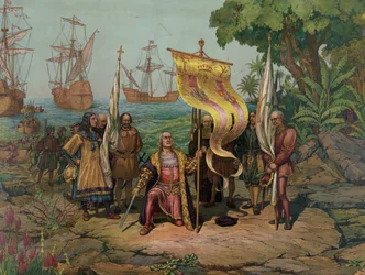 Christopher Columbus (1451 - 1506) hevder "den nye verden" for Spania (litografi)