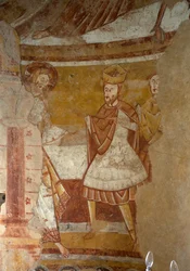 Kirke (Église Saint-Martin). Interiør. Apsiden. Veggmalerier (fresco). Detalj. Jesus ved Herodes hoff. 1100-tallet.