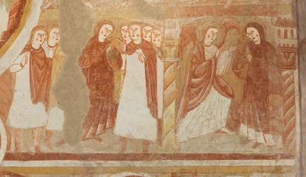 Kirke (Église Saint-Martin). Interiør. Veggmalerier (fresco). Skipets vestvegg. Detalj. Anklage og kunngjøring av jomfruen. 1100-tallet.