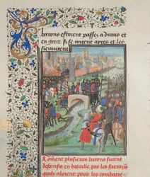 Sammenstøt mellom baronenes og saracenernes hær. Miniatyr fra Historia av William av Tyrus, 1460-tallet