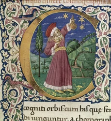 Claudius Ptolemaios. Detalj av en historisk innledende C Cosmographia, andre halvdel av 1400-tallet.