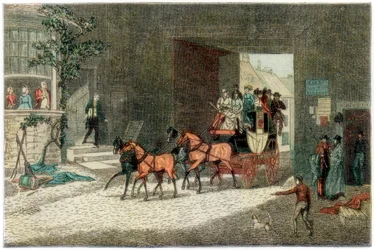 Buss ankommer gården til et vertshus, 1890