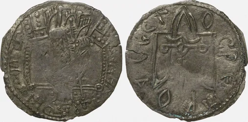 Mynt Srebrennik av storhertug Vladimir Svyatoslavich Bakside: Symbol of Rurikids, 980-1015