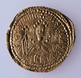 Mynt Zlatnik av storhertug Vladimir Svyatoslavich Averse: Portrett av herskeren, 980-1015