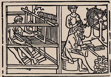 Kaming, spinning og veving av ull. Fra Speculum Vitae Humanae av Rodericus Zamorensis, 1479.