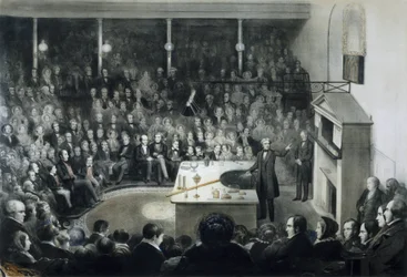 Foredrag av fysiker Michael Faraday (1791-1867) foran Royal Institution i London 27. desember 1855 i nærvær av prins Albert av Saxe Cobourg Gotha (Saxe-Cobourg-Gotha)