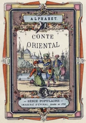 Omslag til alfabetet til den orientalske fortellingen. Bildebehandling av Epinal, ca 1890. Populær serie. Lite hefte på 8 sider. Mål: 205x150mm. Sjablongerte tregraveringer over temaet metiers