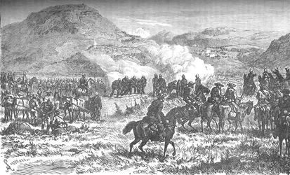 Dekker retretten til det femtiåttende regimentet etter slaget ved Laings Nek, c1880