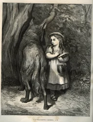 Når den krysser skogen, møter den lille rødhetten ulven. Gravering av Gustave Dore (1832-1883) fra "" Les contes"" av Charles Perrault (1628-1703)