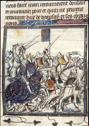 Korsfarere og saracenere kjemper under det tredje korstoget Fra Chroniques de France ou de St Denis, etter 1380