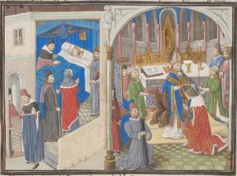 Amalrik I av Jerusalems død. Kroningen av Balduin IV. Miniatyr fra Historia av Vilhelm av Tyr, 1460-årene