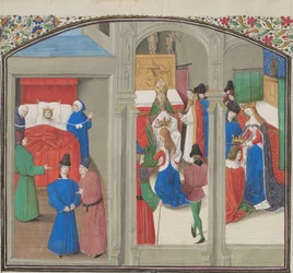 Balduin IVs død. Kroningen av Guy av Lusignan. Miniatyr fra Historia av Vilhelm av Tyr, 1460-årene