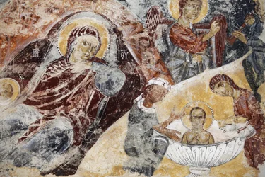 Frisk forfalt i Santa Maria dell'Alizza kirke, Alezio, Apulia, Alezio, Italia