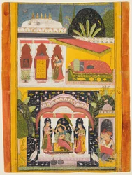 Desavarari Ragini, fra en Ragamala-serie: En dame og to ledsagere i en bue i midten, c169