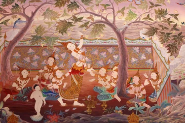Detalj av et veggmaleri i Uposatha (helligdomshallen) i Buddhapadipa-tempelet, Wimbledon, Grande-Bretagne