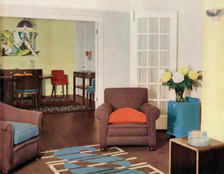 Spisestue og salong i en rekonstruert London-leilighet for Mrs. Harry Ewbank ved Bryanston Court