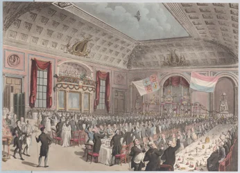 Middag i feiringen av frigjøringen av Holland fra Frankrike, City of London Tavern, B..., 1814.