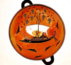 Dionysius i en seilbåt omgitt av delfiner, eldgammel gresk rett Krater, 530 f.Kr.
