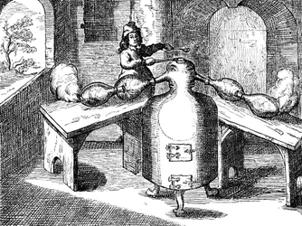 Destillasjon av salpetersyre Aqua fortis eller skillesyre i en jernmann med to neser, 1689