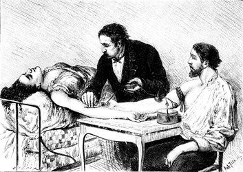 Dr Roussell fra Genève ga en kvinne en direkte blodoverføring fra en frivillig, 1882