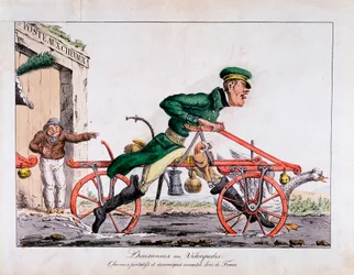 Draisienne eller velocipede vist som erstatning for hester i den franske posttjenesten, 1818