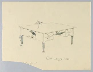 Tegning, design for bibliotekbord med sidennisje og benvariasjon angitt