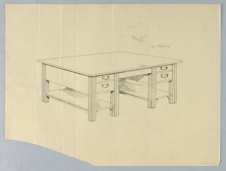 Tegning, design for massivt bibliotekbord med firkantede ben og åpne bårehyller
