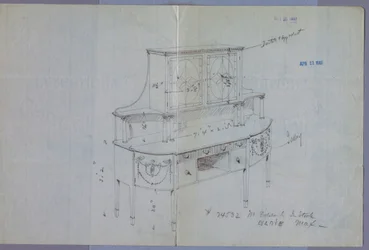Tegning, design for skjenk med glassdørskap over