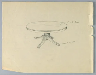 Tegning, design for et rundt bord på dyrepote
