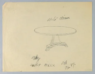 Tegning, design for et rundt bord på en trekantet base