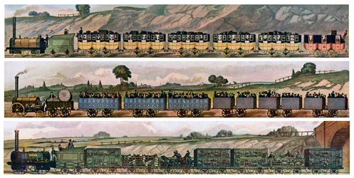 Tidlige jernbanebusser, Liverpool og Manchester Railway, England, 1831, c1900-1920